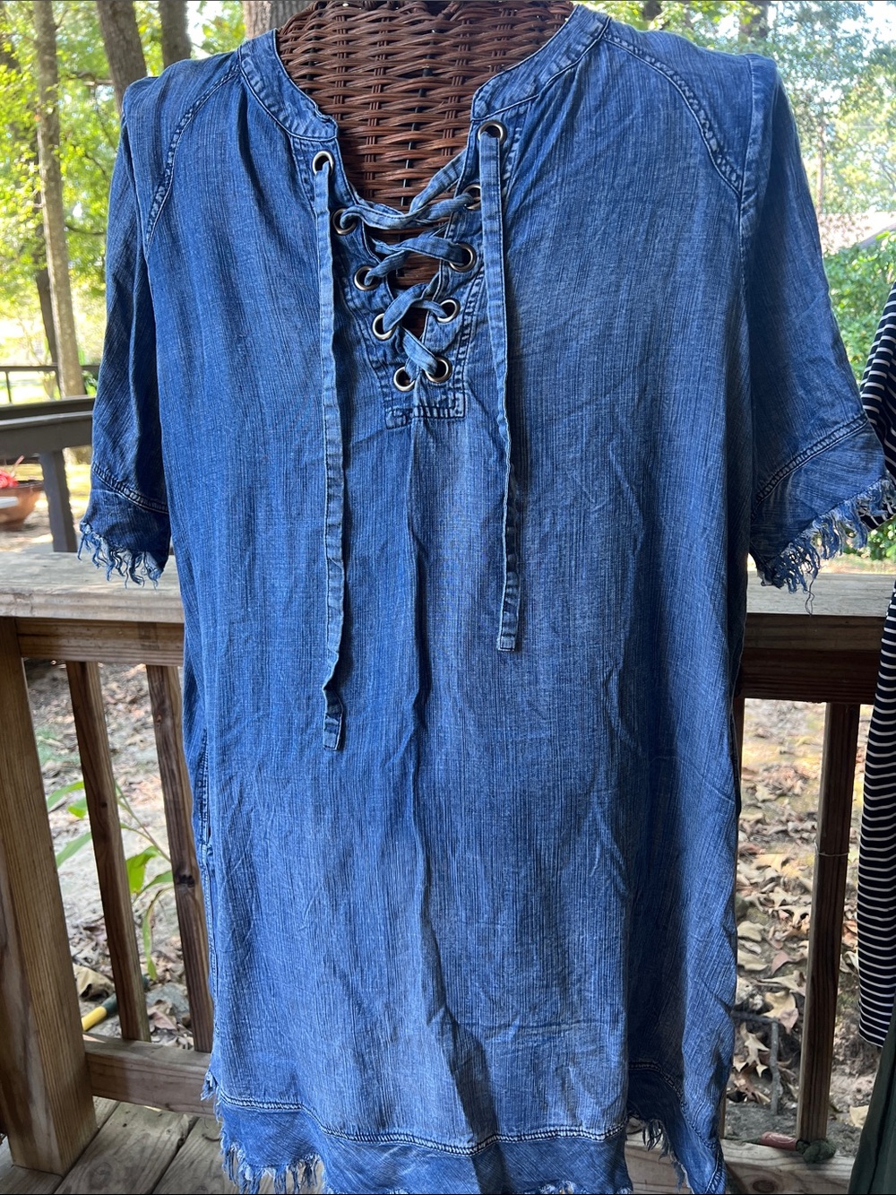 Casual Blue Lace-Up Denim Shirt Dress